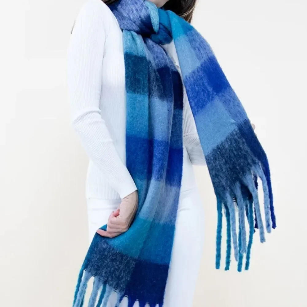 Bloomingdale's Aqua Blue Plaid Fringe Scarf
